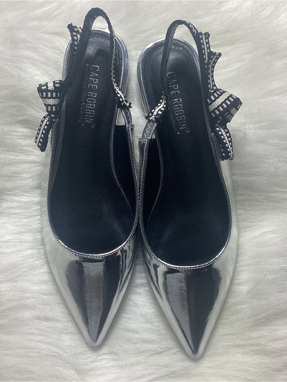 Cape Robbin Silver Pointed Slingback Flats with Black-White Bow